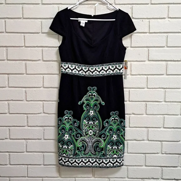 London Style Black/Green Paisley Businesses/Casual Dress. Sze 10 NWT - Picture 1 of 8